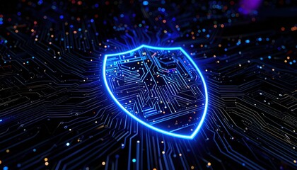 Poster - Futuristic digital shield icon glowing with circuit patterns representing cybersecurity technology, protection, data security, and digital safety concept