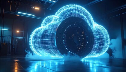 Poster - Futuristic digital cloud storage concept with holographic data visualization and cyber technology elements in a dark modern data center environment