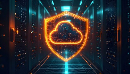 Poster - Futuristic digital cloud security shield icon glowing with vibrant orange and blue lights in a high-tech server room or data center environment symbolizing cybersecurity