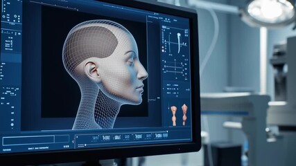 Fototapete - A computer screen shows a woman's face with a blue background
