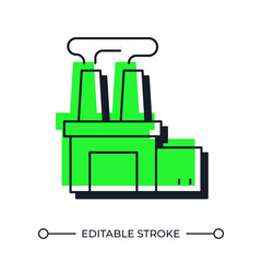 Poster - Factory building offset shadow line icon. Manufacturing facility with smoke over chimneys. Industrial complex. Bold outline symbol with solid green fill. Modern flat illustration. Editable stroke