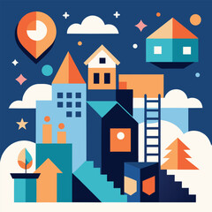 Poster - Abstract cityscape illustration featuring geometric houses clouds stars and an upward arrow for business concepts