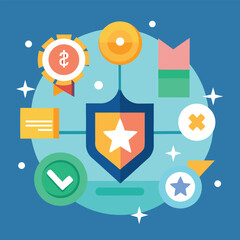 Poster - Abstract geometric composition featuring badge elements and graphic symbols on blue background