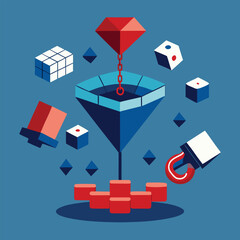 Poster - Abstract illustration depicting conversion funnel with geometric shapes including a diamond and dice on a blue background.