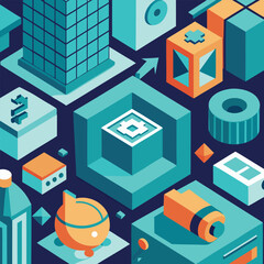 Poster - Abstract isometric composition featuring geometric forms in teal and orange set against a dark navy background.