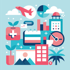 Poster - Colorful abstract vector illustration composed of various architectural elements and natural elements.