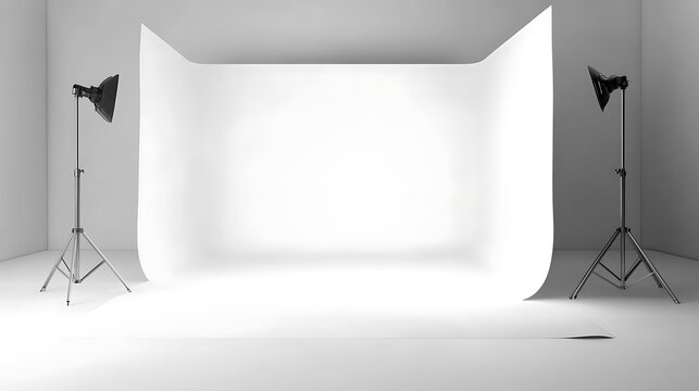 Empty white studio backdrop with lighting