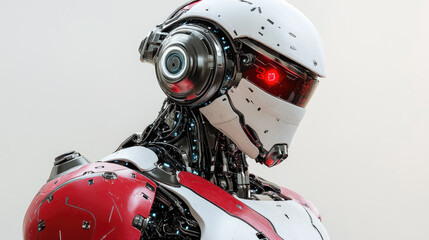 Poster - A futuristic robot with a sleek design. It has a white and red exterior, glowing red eyes, and visible mechanical components. The robot appears advanced and high-tech.