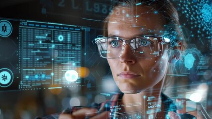 Aufkleber - A woman wearing glasses is looking at a computer screen with a blue screen. Concept of technology and modernity, as the woman is using a computer to view a digital image