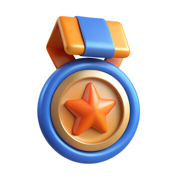 A rendered image of a cartoonish medal with a star in the center and a blue and orange ribbon on top