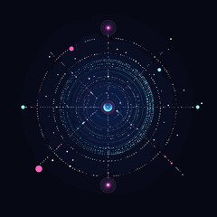 Poster - Abstract circular futuristic technology interface with glowing digital data points and radial lines in dark space background vector illustration