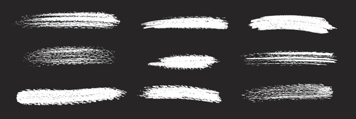 Poster - Set of white chalk brush stroke vector textures on black background with rough and uneven edges for design accent and highlights in minimalist style