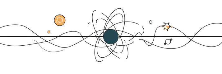 Poster - Minimalist one line drawing of atom symbol with orbiting electrons and molecular structures representing science and research concepts in vector format