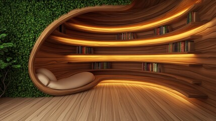 Poster - Library Cozy library with wooden bookshelves and soft warm lighting.