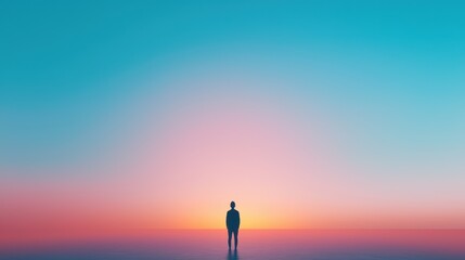 Poster - Mood Silhouette of a person standing by the ocean, looking at the sunset with a peaceful mood.