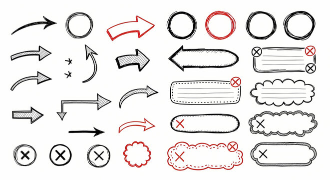 Hand-drawn arrows, circles, and text boxes in black and red ink on a white background.