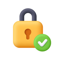 Poster - Yellow padlock with a green check mark. Security, successful login, secure access, cyber security, password validation and authentication concept.