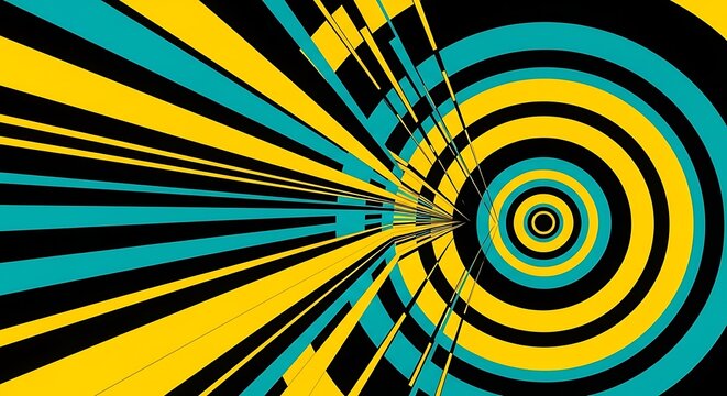 Abstract Circular Pattern with Lines and Rings in Teal Yellow and Black