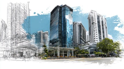Poster - Cityscape of modern skyscrapers with architectural sketch overlay.