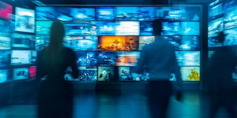 Poster - Group of people are walking past a wall of monitors displaying news