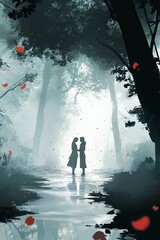 Poster - Romantic Silhouette of Couple in Enchanted Forest with Misty Atmosphere