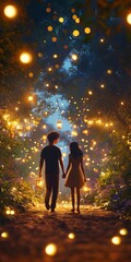 Wall Mural - Couple is walking through a forest at night, holding hands