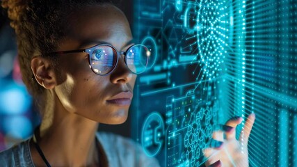 Fototapete - A woman wearing glasses is looking at a computer screen with a hand hovering over a blue screen. Concept of focus and concentration as the woman studies the screen