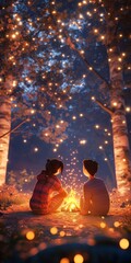 Poster - Couple sitting by a fire in a forest