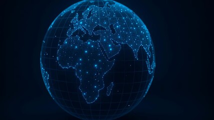Poster - Tariff, trade war. Digital globe Earth blue light network technology data visualization with glowing dots and grid lines showing continents