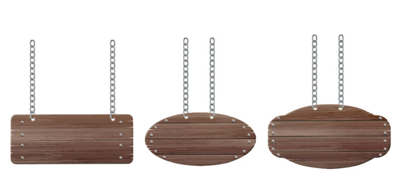 Rustic 3d wood board signs hanging on chains - brown wooden planks with metal nails of oval and rectangular shapes for restaurant menu, vintage shop signage or country style decorative display element