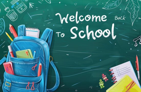 Back to school vector template design. Welcome back to school text in chalkboard space with 3d educational supplies in hand drawn background concept of back to school