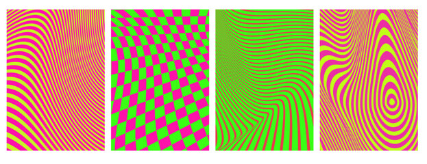 Poster - Psychedelic optical illusion backgrounds - vibrant wave patterns with neon colors, distorted checkerboard, flowing stripes. Trippy visual effects for retro posters, hypnotic and groovy artwork design