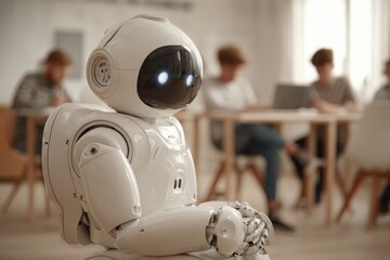 Poster - Robot interacts with students in a modern classroom during a technology workshop session