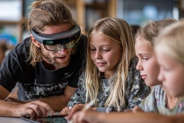 Poster - Teacher interacts with students using technology in a classroom setting