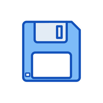 Flat icon of a floppy disk icon, 3.5-inch size, blue bold outline, isolated on white