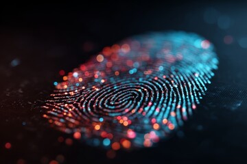 Aufkleber - Close-up view of a colorful fingerprint illuminated against a dark background showcasing intricate detail and vibrant hues
