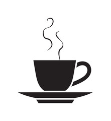 Fototapete - Black silhouette of a steaming cup of coffee or tea on a saucer, isolated on a white background.