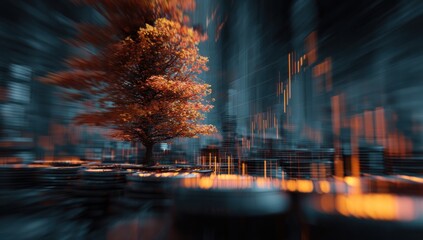Poster - Autumnal tree in a futuristic urban setting.