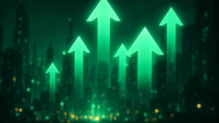 Poster - Tariff, trade war. Abstract green glowing arrows pointing upward with blurred city lights and light bokeh creating futuristic dynamic atmosphere