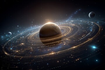 Poster - Cosmic view of planets and glowing rings in a vast galaxy with stars, illuminated particles, and celestial surroundings