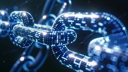 Fototapete - A chain of blue links with a glowing center. The chain is made of digital code and is a representation of a computer network
