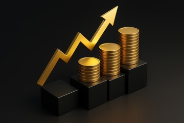 Poster - Golden Rise: Conceptual financial visualization showcasing upward growth, with stacks of gold coins and an arrow on black cubes symbolizing wealth, success and positive financial trends.