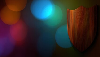 Poster - Wooden shield against a backdrop of colorful bokeh.