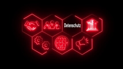 Neon line Detention concept button on a futuristic computer screen display with hexagon shapes and science tic symbols on rotating world map icon. technology network background 