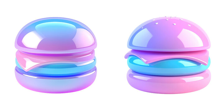 Glossy 3D Rendered Burger Icon Featuring Pastel Colors of Blue Pink and Purple with Shiny Details on a Transparent Background