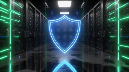 Poster - Futuristic security and protection digital server room featuring glowing shield symbol amidst neon lights, showcasing advanced cybersecurity measures and data safety high tech environment