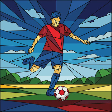 Stylized illustration of a soccer player kicking a ball, set against a landscape with a blue sky and clouds, rendered in a geometric, stained-glass style.