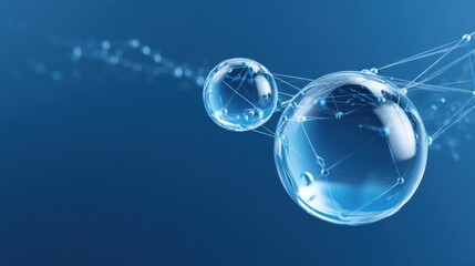 Poster - Green hydrogen infrastructure. Transparent bubbles connected by lines on a blue background, evoking a sense of science and technology.
