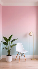 Poster - Interior corner with pink and blue gradient wall, plant, chair, and lamp creating a cozy atmosphere
