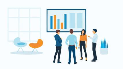 Fototapete - Business team discussing bar graph in office with chairs and potted plant in a bright and modern setting
